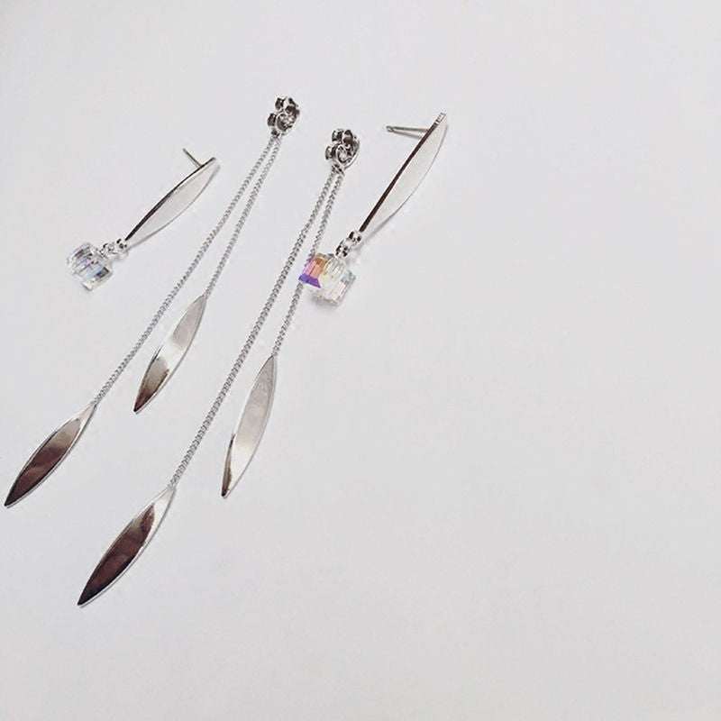Dangle Leaf with Rhinestone 2 Sides Drop Earrings