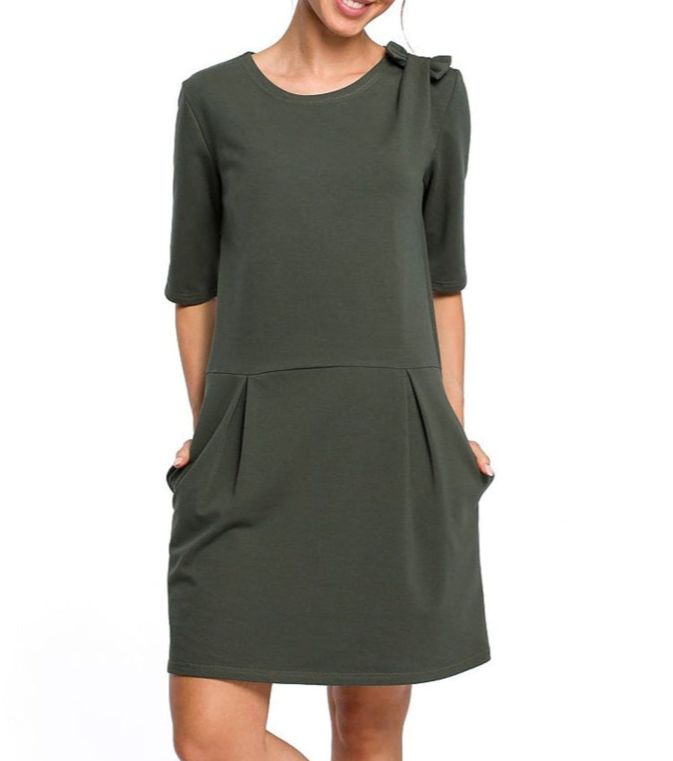 Minimalism Dropped Waist Dress with A Cute Bow on Shoulder