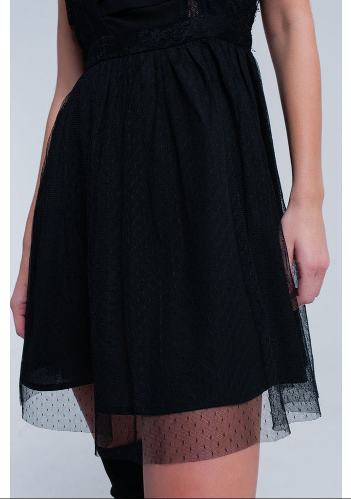 Black lace insert pleated dress