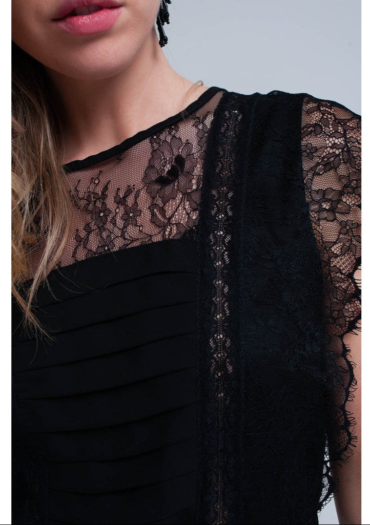 Black lace insert pleated dress
