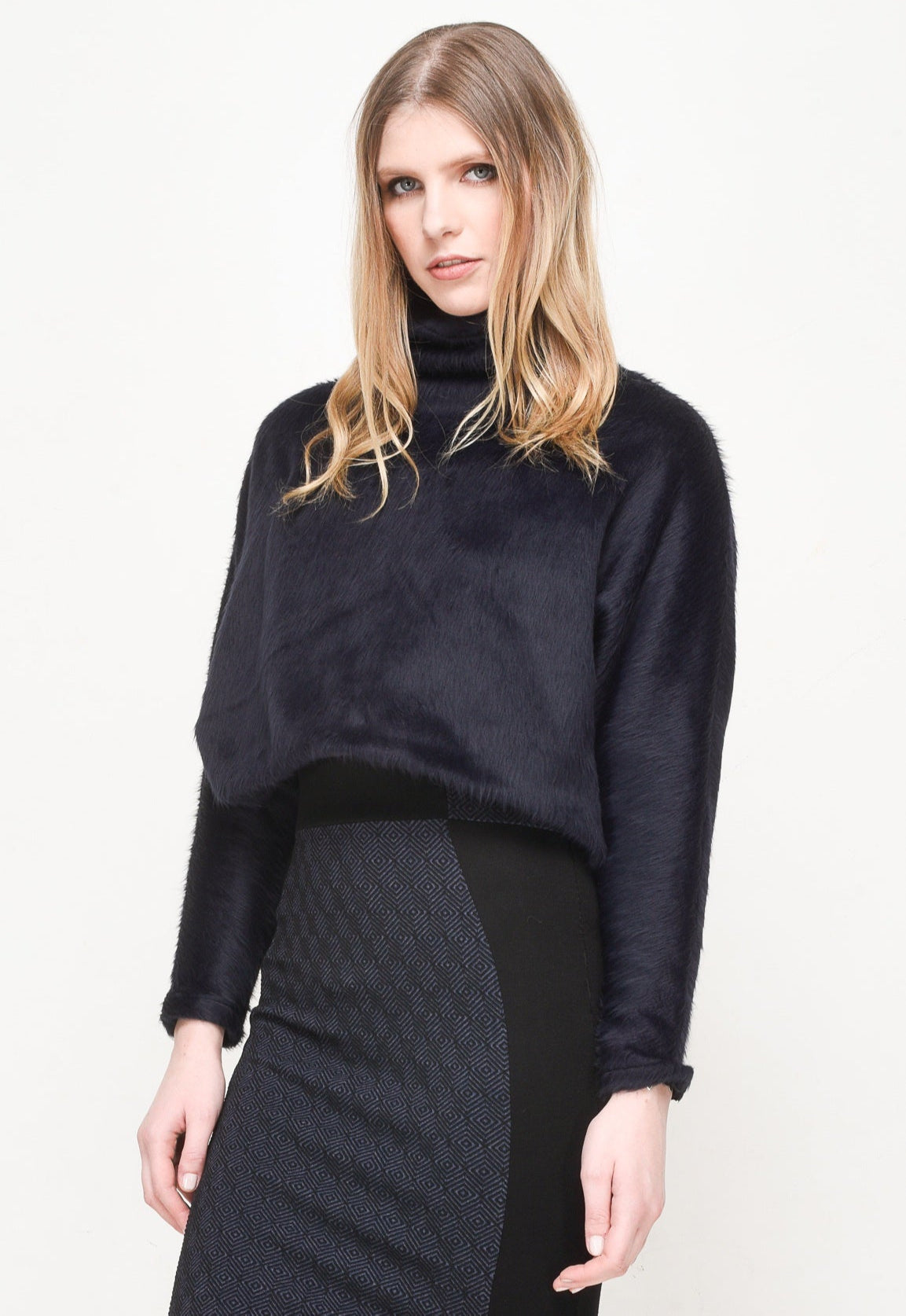 Dark Blue Faux Fur Turtleneck Top