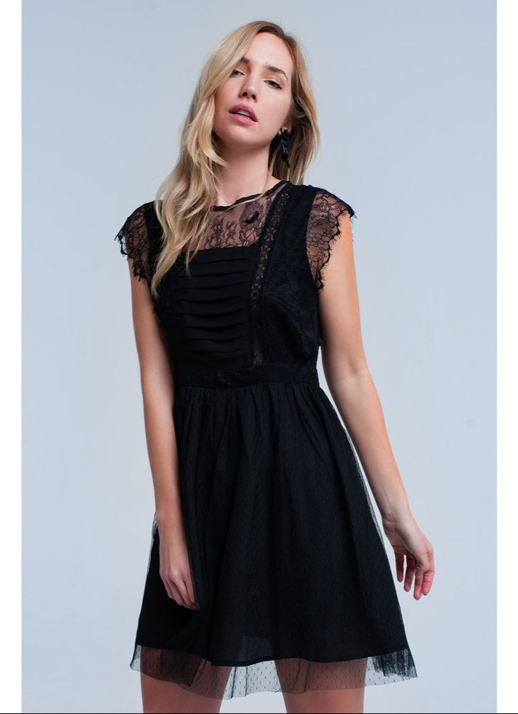 Black lace insert pleated dress