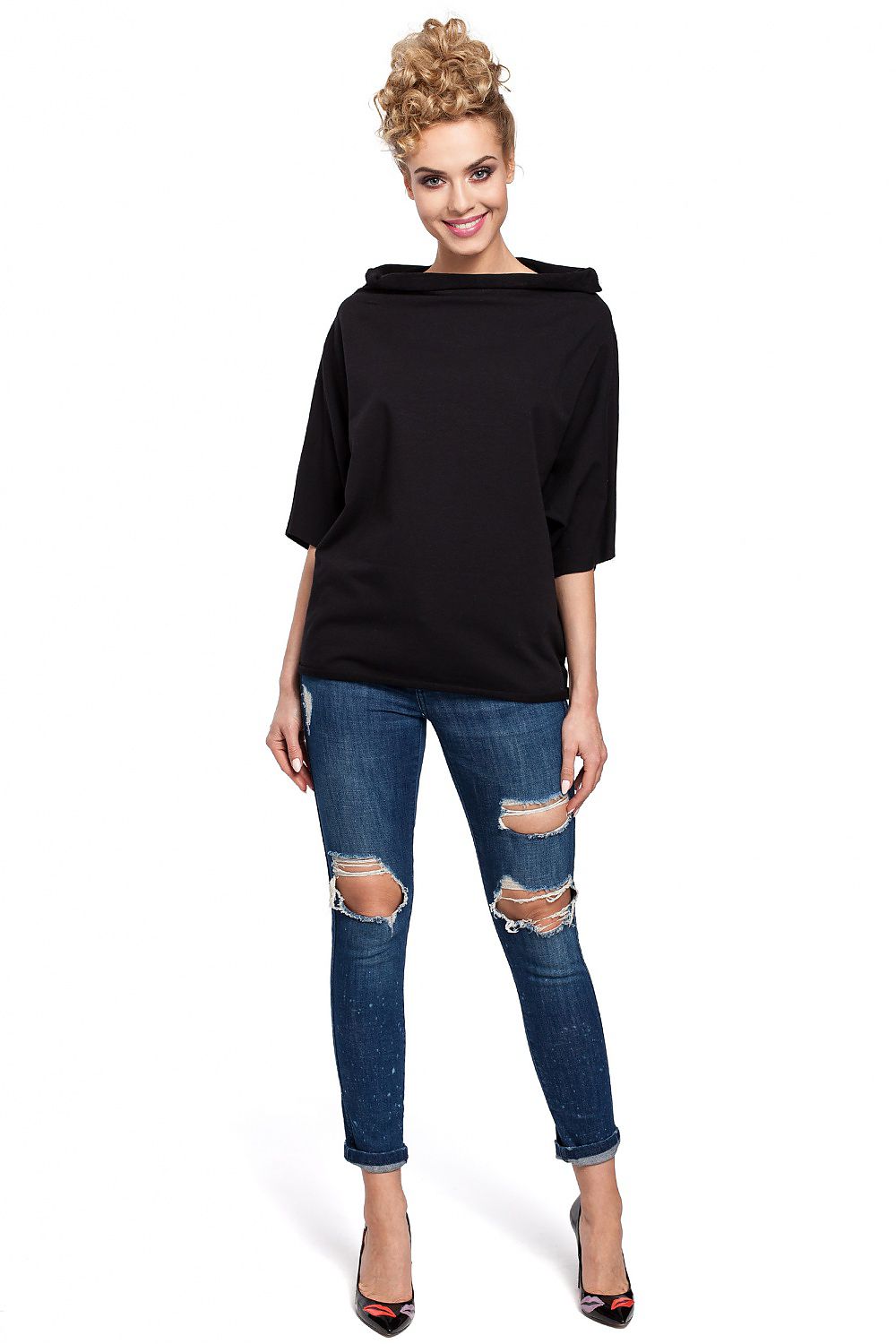 Minimalism High Wide Collar with Kimono Half Sleeves Top