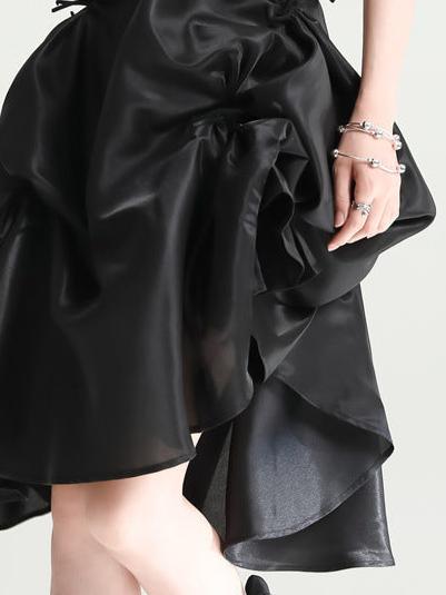 Asymmetrical Crunched Spaghetti Strap Dress - Black