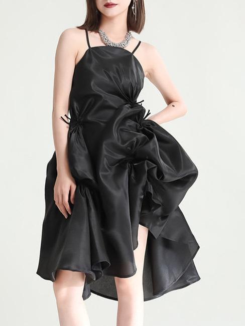 Asymmetrical Crunched Spaghetti Strap Dress - Black