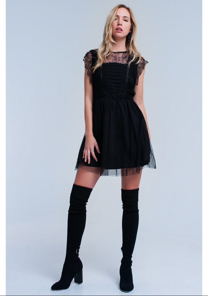 Black lace insert pleated dress
