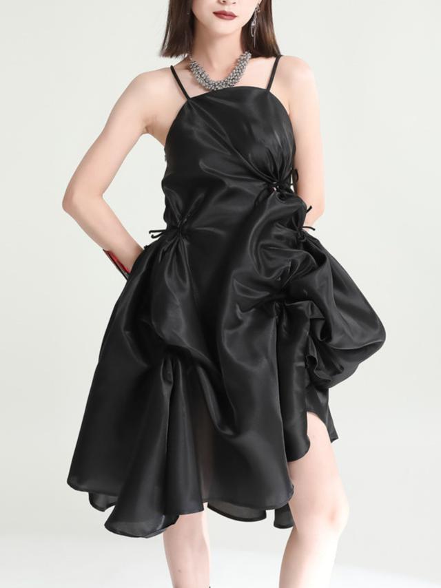 Asymmetrical Crunched Spaghetti Strap Dress - Black