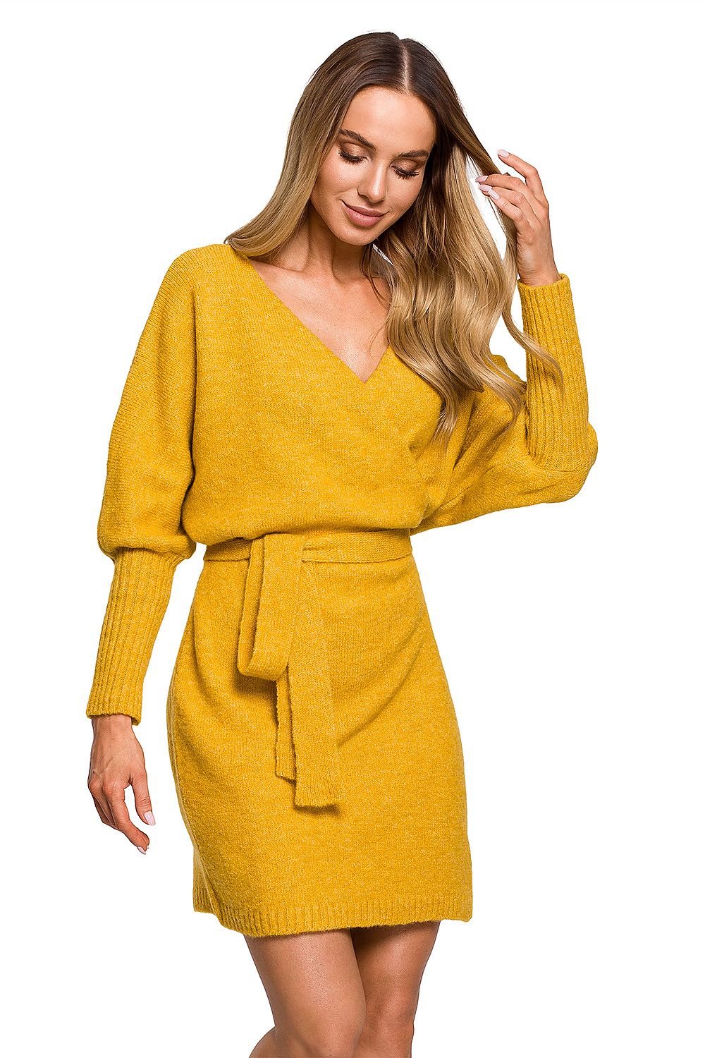 Beautiful Yellow Sweater Dress with Waist Tie