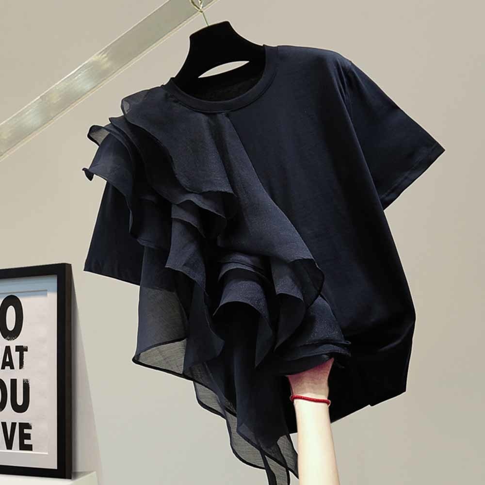 Patchwork Ruffle Short Sleeve Top
