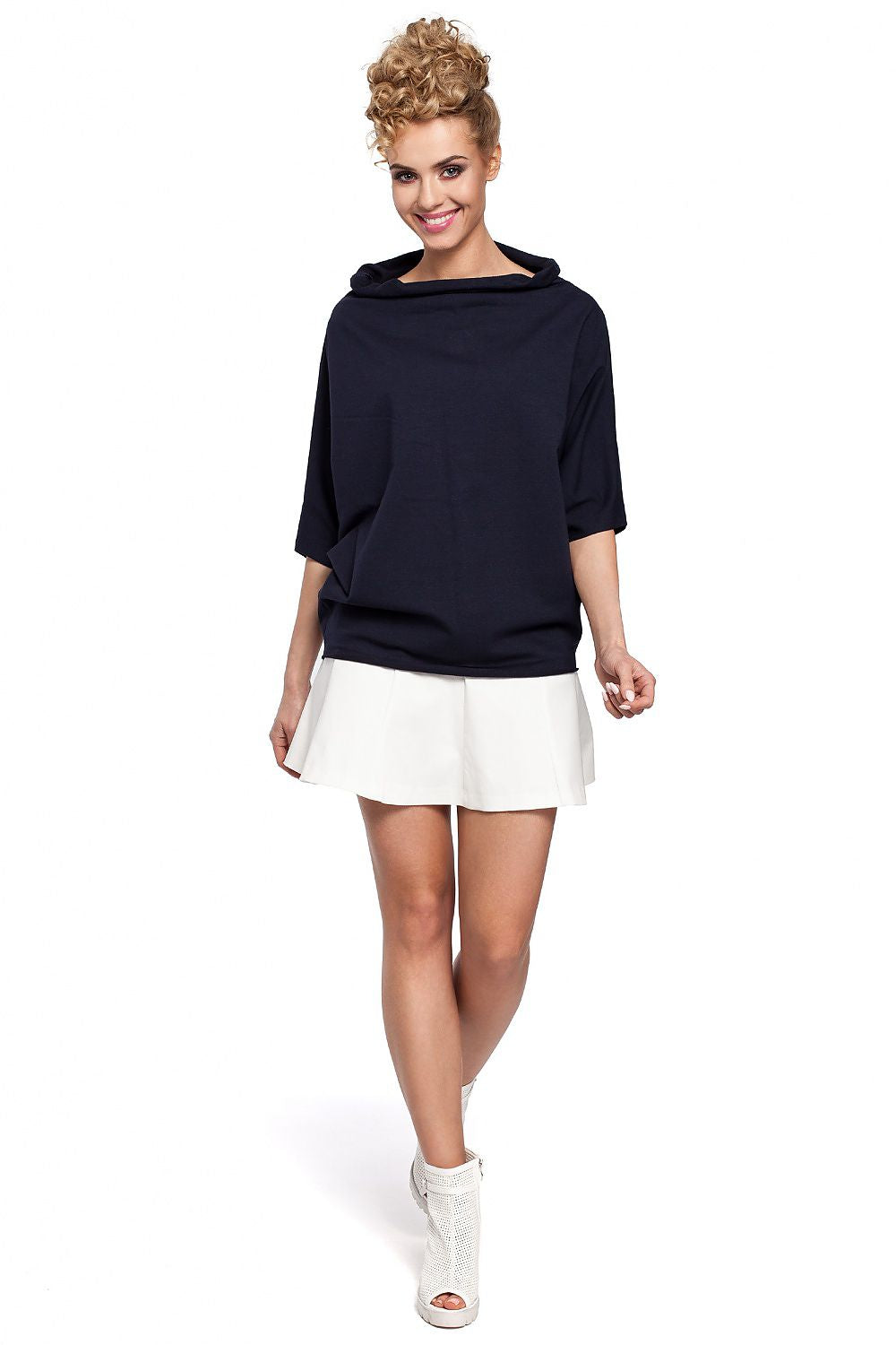 Navy Minimalism High Wide Collar with Kimono Half Sleeves Top