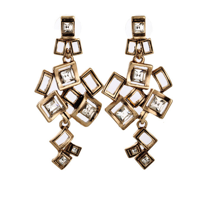Geometric Alloy Vintage Gold Crystal Earings