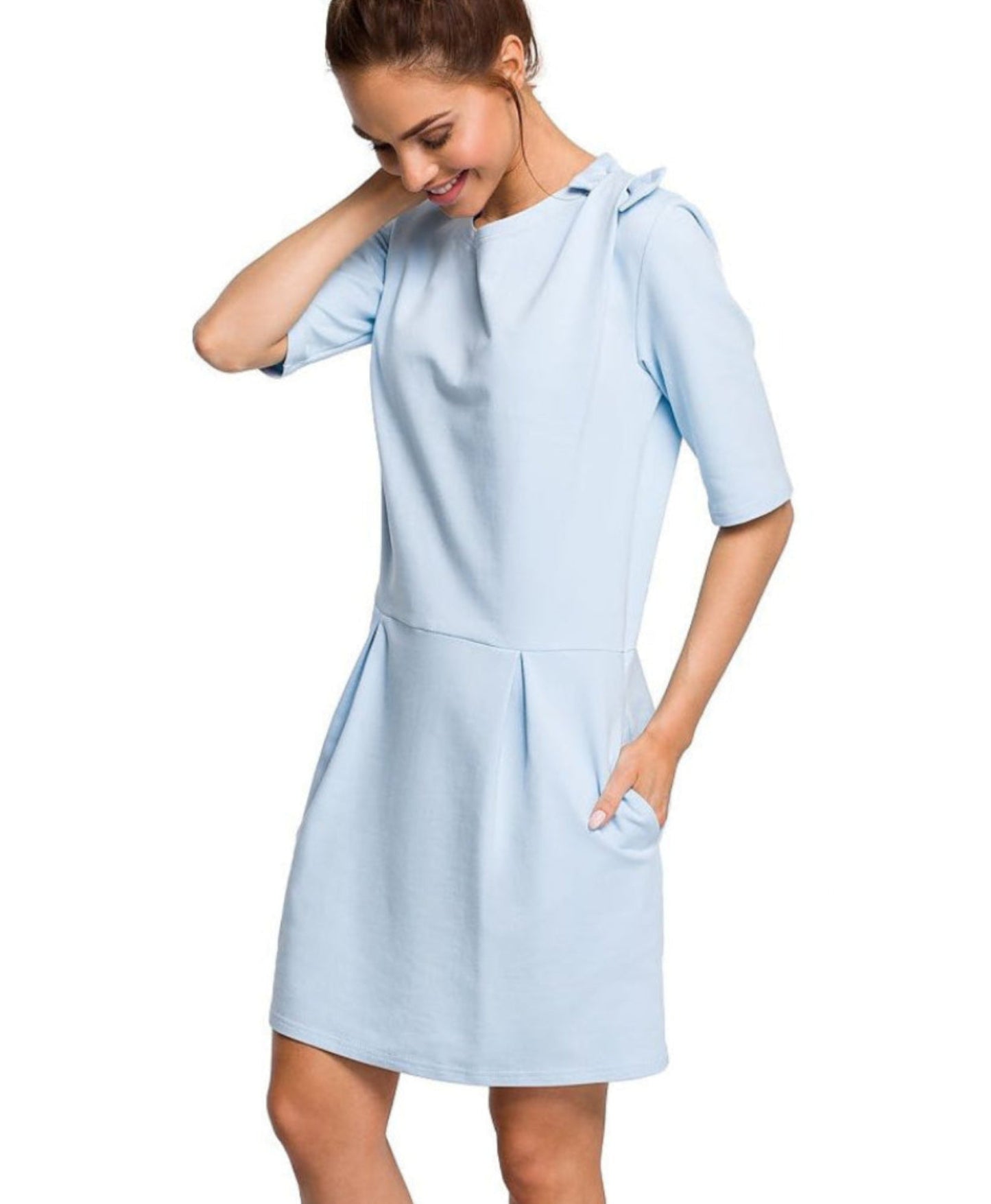 Blue Short Sleeves Drop Waist Dress with Bow Shoulder
