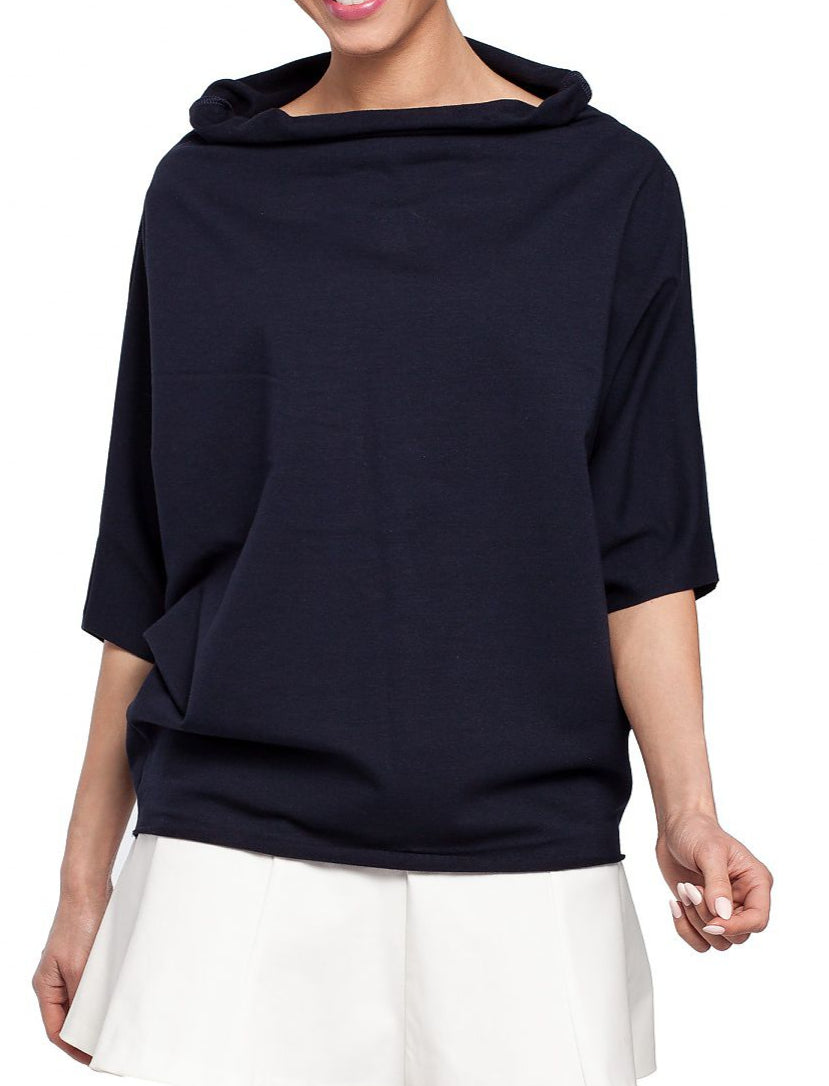 Navy Minimalism High Wide Collar with Kimono Half Sleeves Top