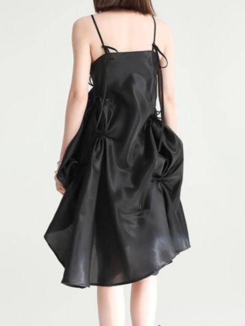 Asymmetrical Crunched Spaghetti Strap Dress - Black