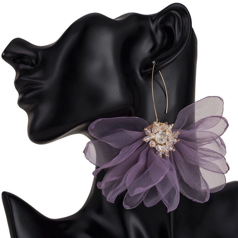Romantic Rhinestone Lace Flower Statement Hook Earrings