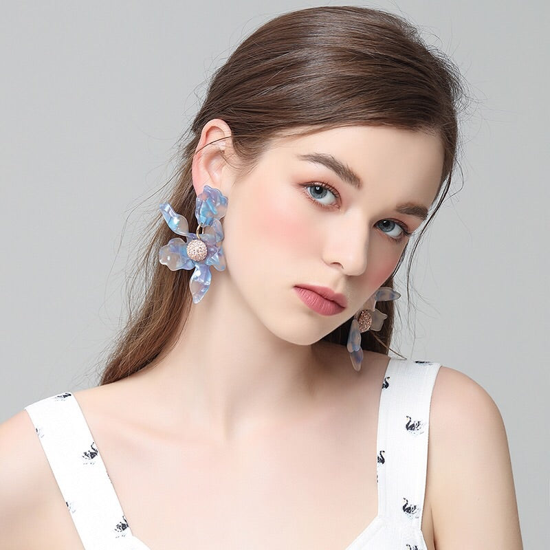 Unique Smoke Silver/ Blue Flower Statement Earrings