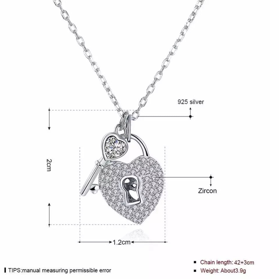 925 Sterling Silver Necklace Heart Lock & Key Design