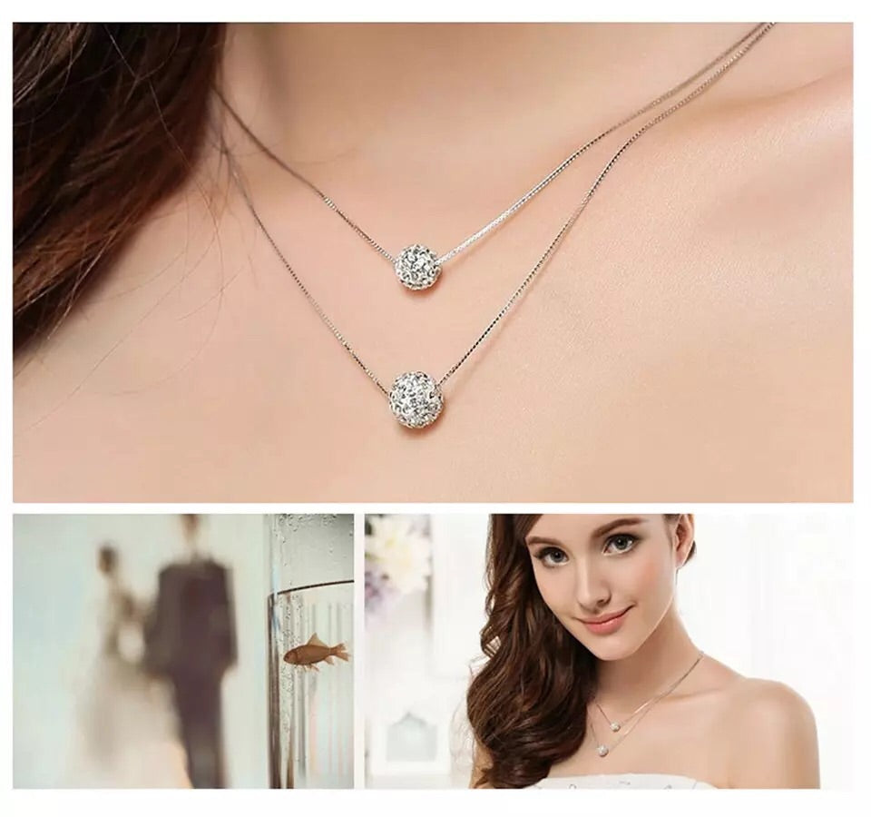 925 Sterling Silver Crystal Balls Pendants Multilayer Necklace Set