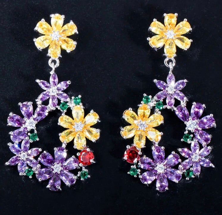 Elegant Purple Crystal Flower Ring Drop Earrings