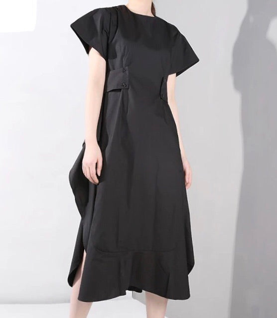 Black Short Sleeve Side Slit Ruffles Dress