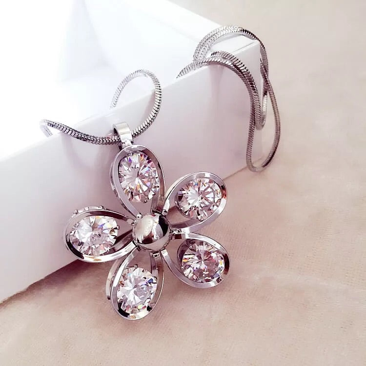 Korean Crystal Flower Shape Pendant Long Chain Necklace
