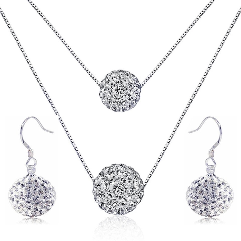 925 Sterling Silver Crystal Balls Pendants Multilayer Necklace Set