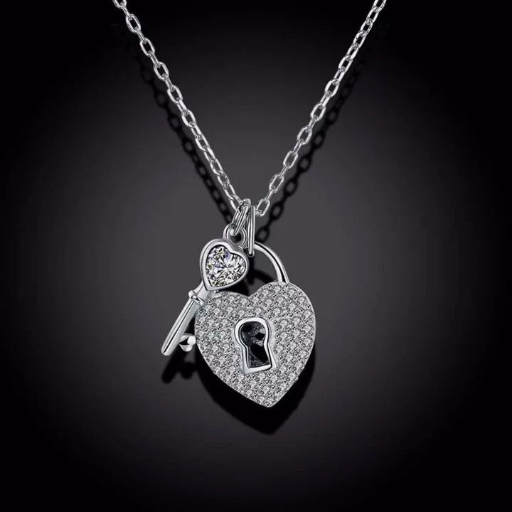 925 Sterling Silver Necklace Heart Lock & Key Design