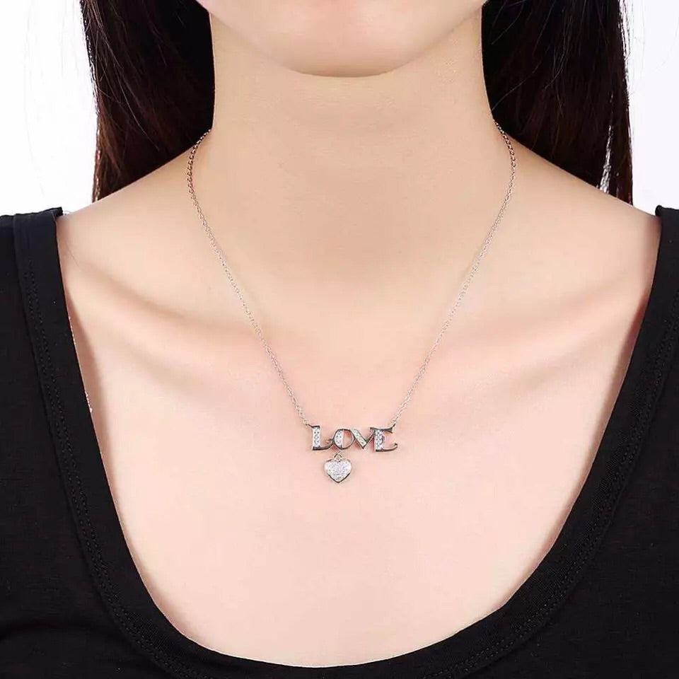 925 Sterling Silver Necklace Letter LOVE with Heart CZ Stone