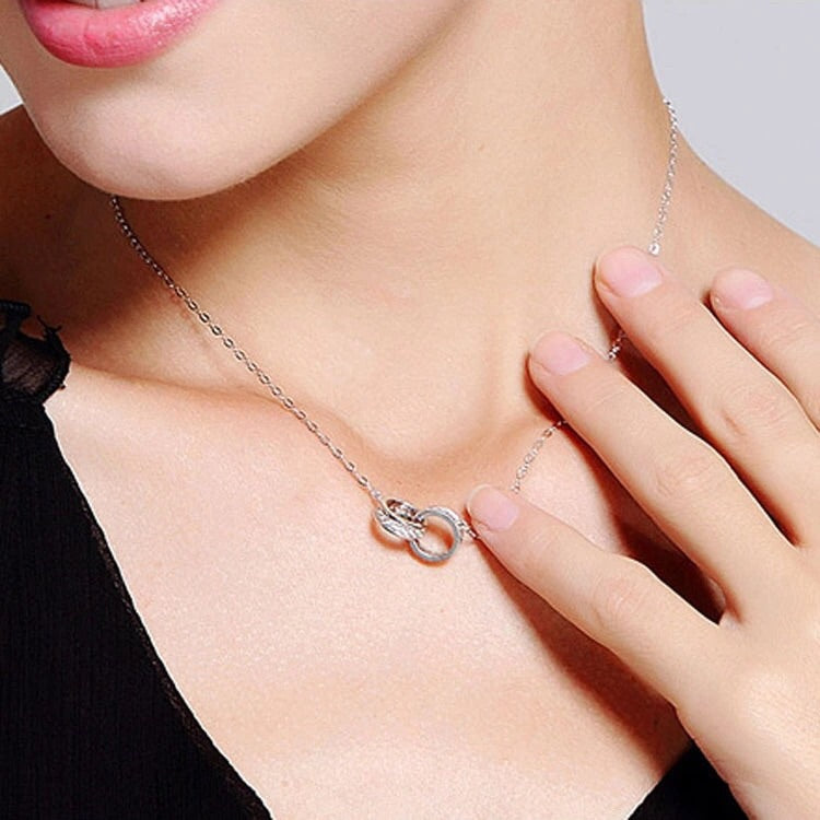 925 Sterling Silver Locked Double Ring Crystal Pendant Necklace