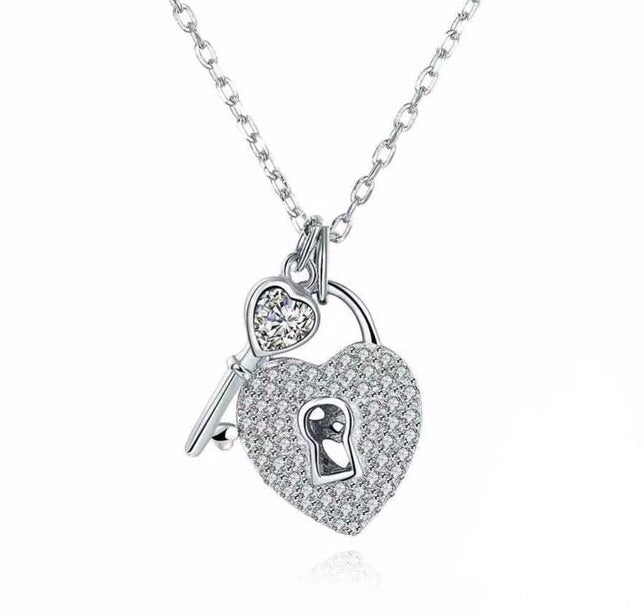 925 Sterling Silver Necklace Heart Lock & Key Design