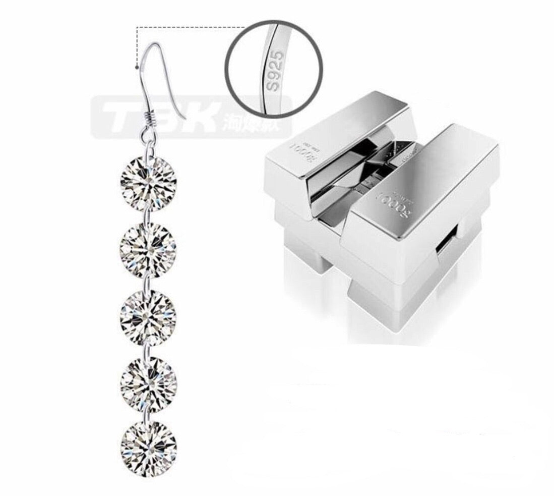100% Sterling Silver 5 CZ Long Drop Earrings