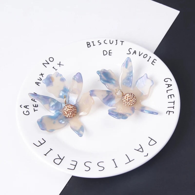 Unique Smoke Silver/ Blue Flower Statement Earrings