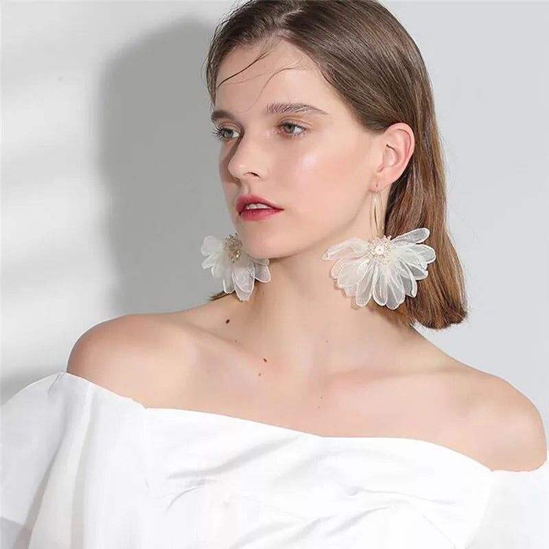 Romantic Rhinestone Lace Flower Statement Hook Earrings