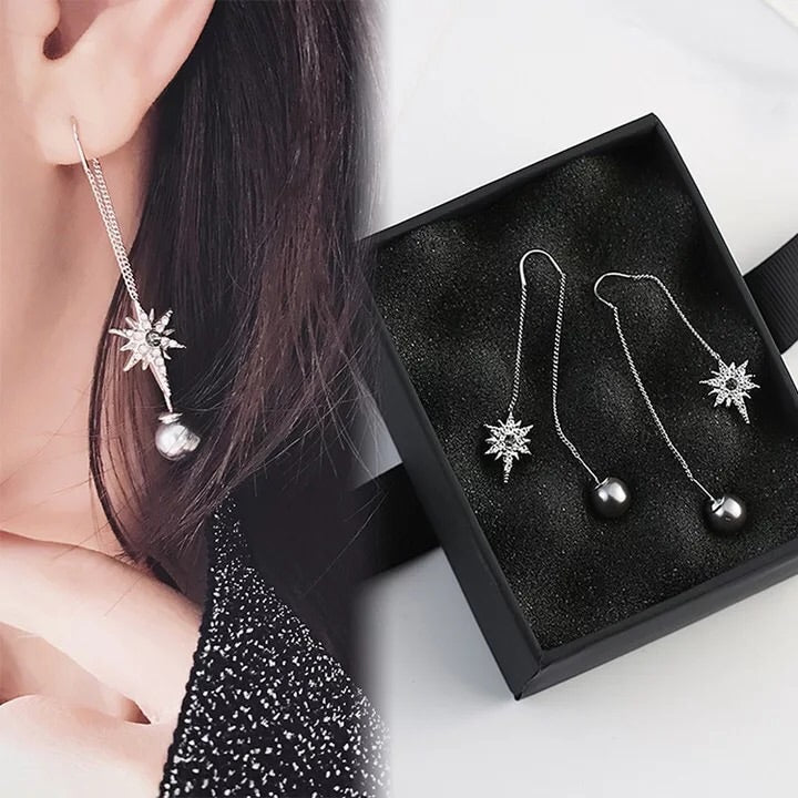 2 Sides Silver Pearl and Star Long Dropped Earrings