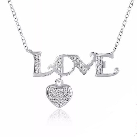 925 Sterling Silver Necklace Letter LOVE with Heart CZ Stone