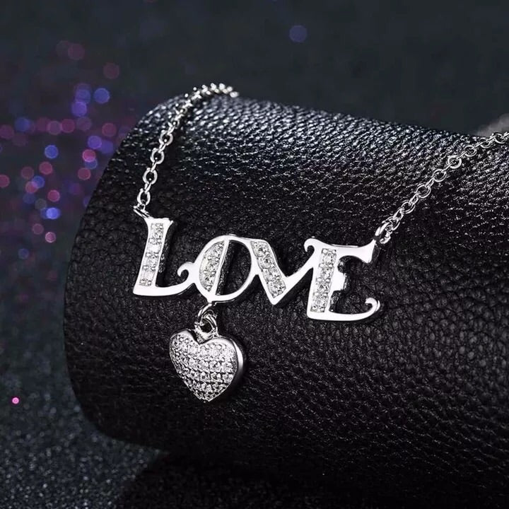 925 Sterling Silver Necklace Letter LOVE with Heart CZ Stone