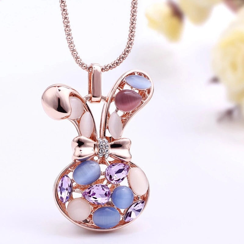 Rose Gold Bunny Crystal Long Necklace