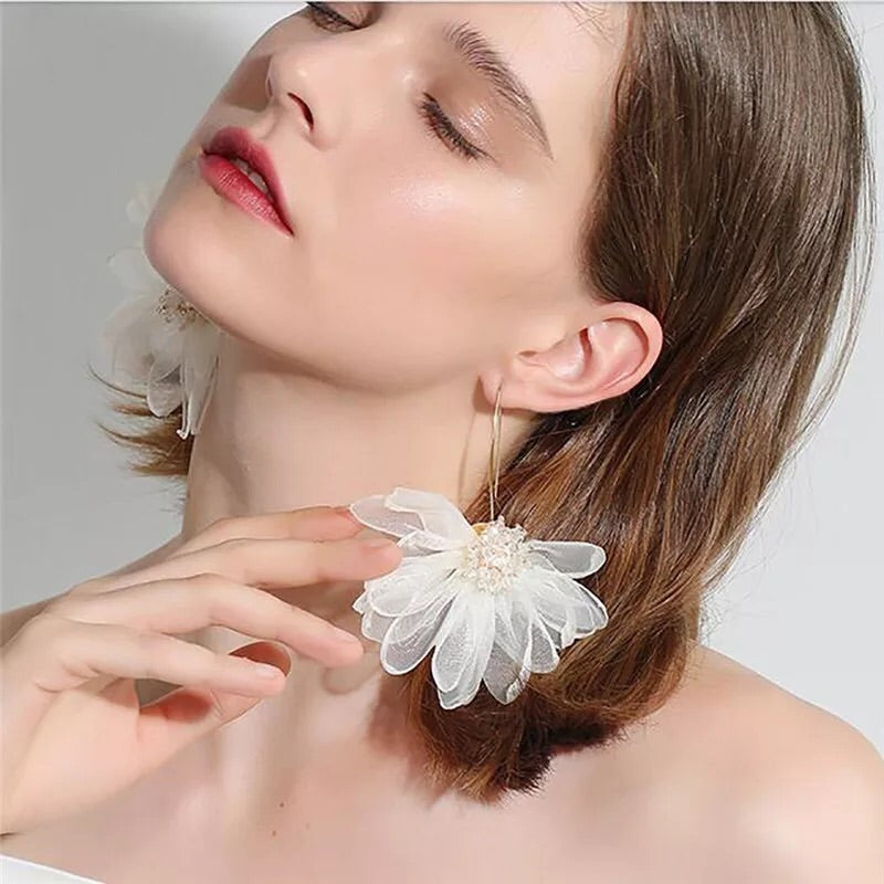 Romantic Rhinestone Lace Flower Statement Hook Earrings
