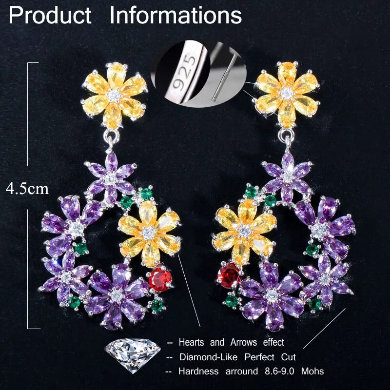Elegant Purple Crystal Flower Ring Drop Earrings