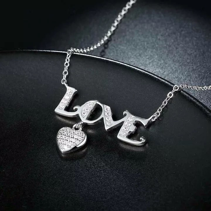 925 Sterling Silver Necklace Letter LOVE with Heart CZ Stone