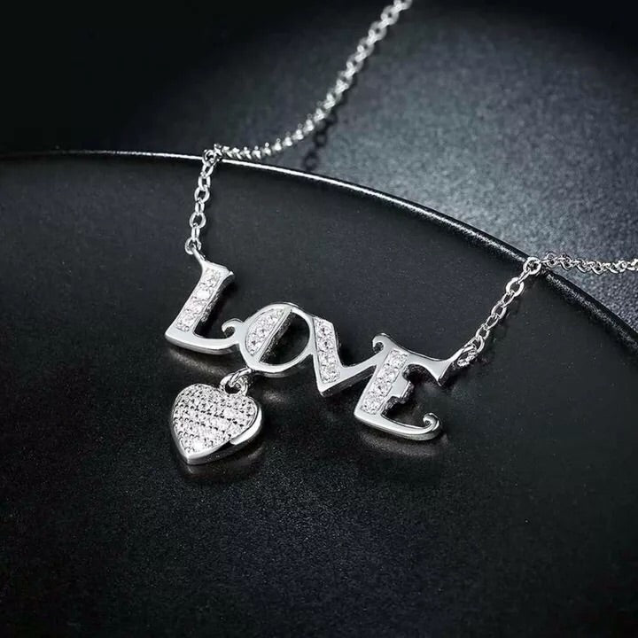 925 Sterling Silver Necklace Letter LOVE with Heart CZ Stone