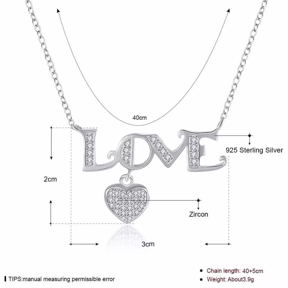 925 Sterling Silver Necklace Letter LOVE with Heart CZ Stone
