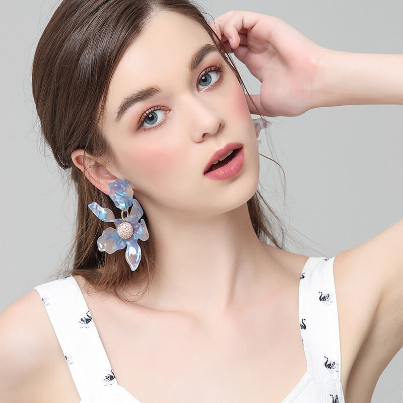 Unique Smoke Silver/ Blue Flower Statement Earrings