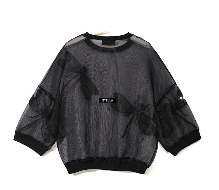 Sheer Mesh Top With Embellished Dragonflies