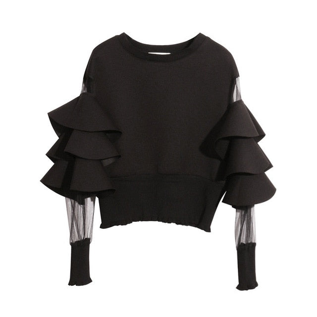 Round Neck Corp Pullover with Long Gauze Ruffles Sleeves