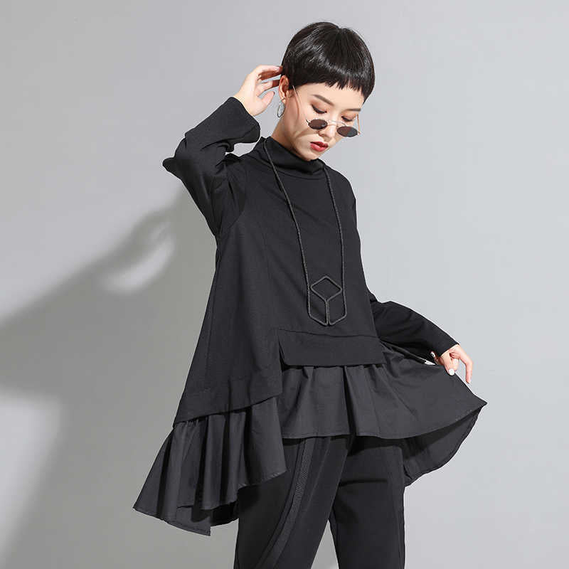 Relax Fit Turtleneck Asymmetrical Ruffles Top