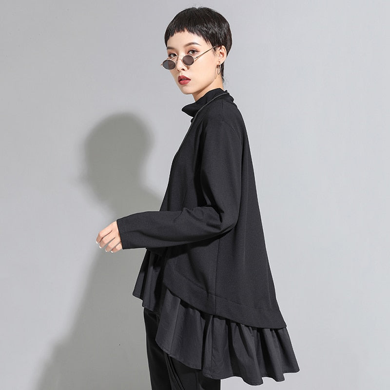 Relax Fit Turtleneck Asymmetrical Ruffles Top