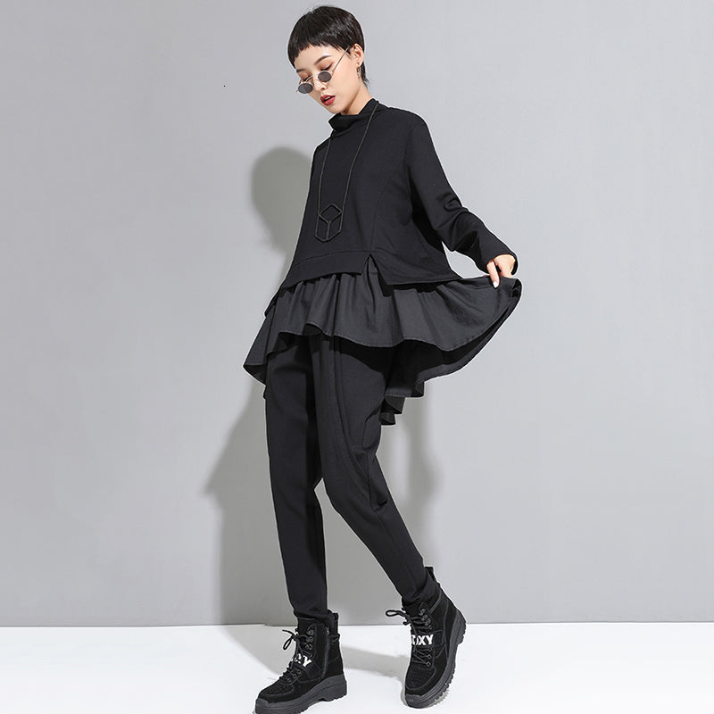 Relax Fit Turtleneck Asymmetrical Ruffles Top