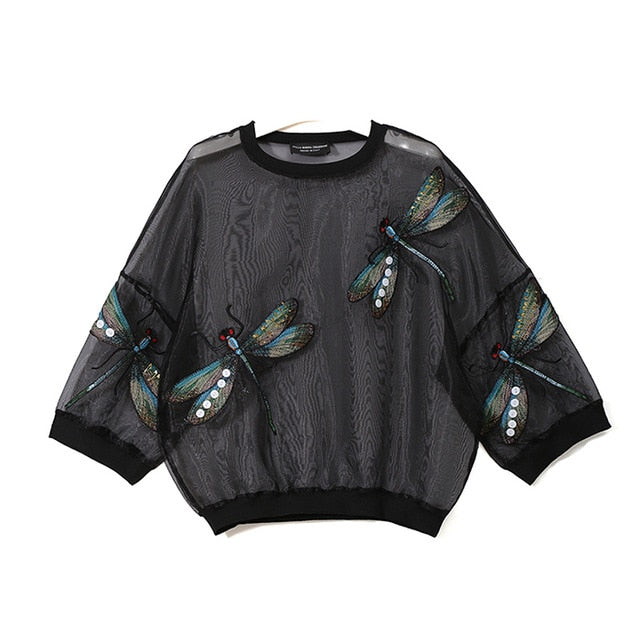 Sheer Mesh Top With Embellished Dragonflies