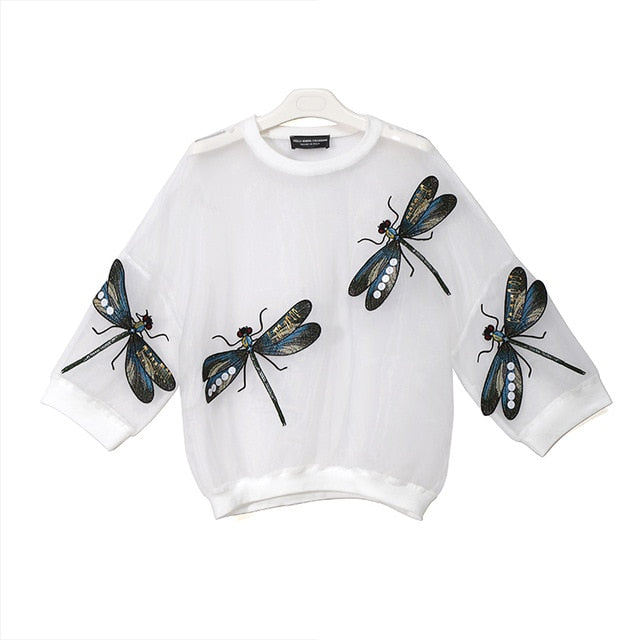 Sheer Mesh Top With Embellished Dragonflies